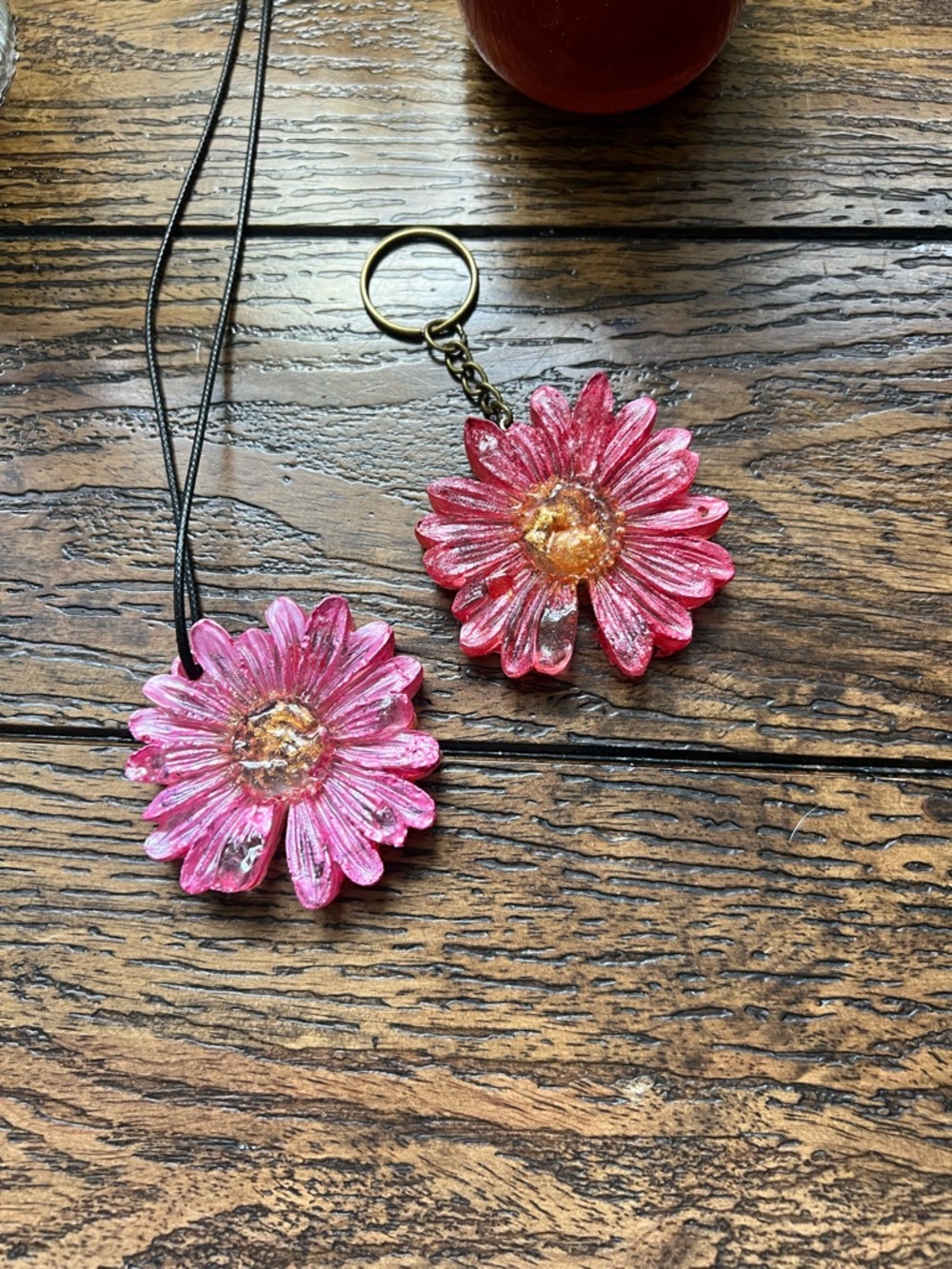 Pink Daisy Resin Necklace and Keychain Set